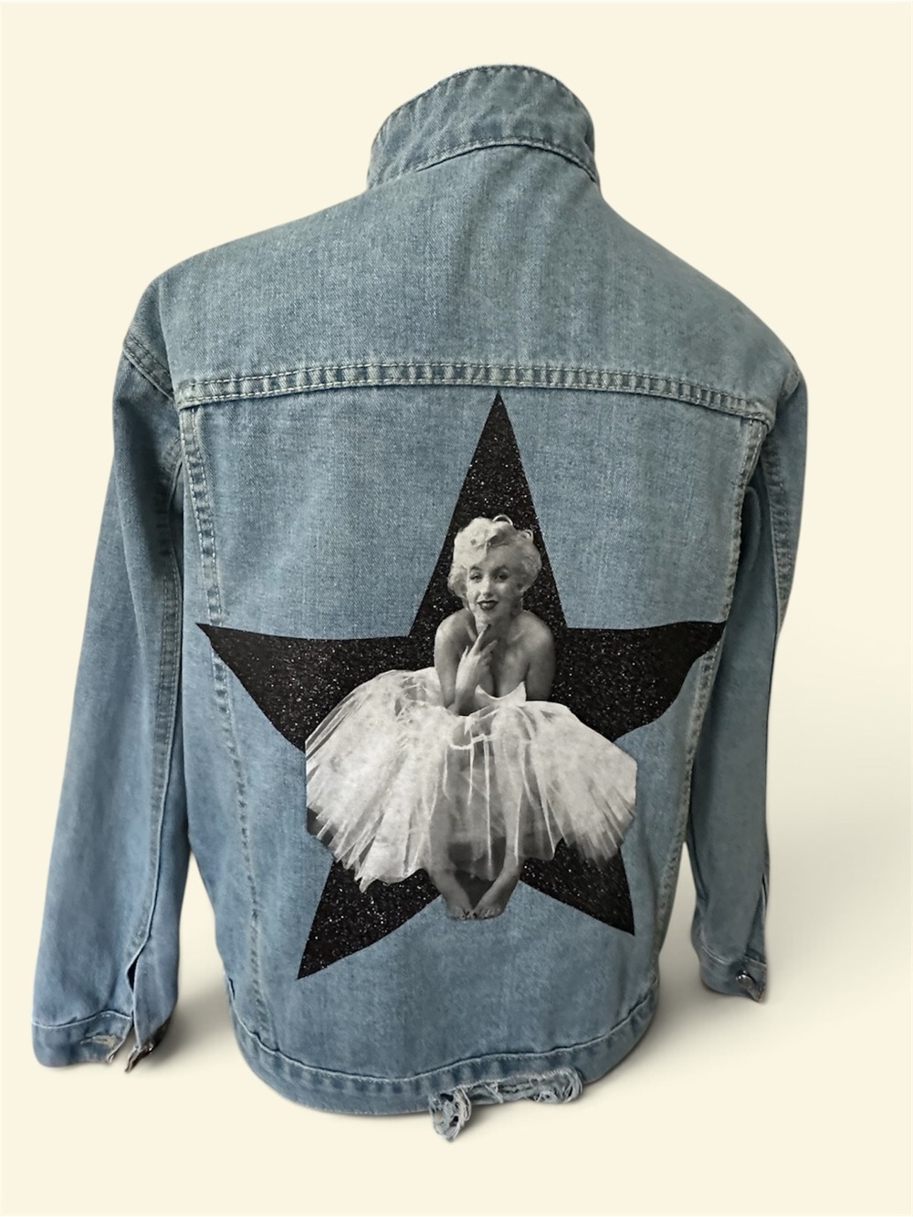 Woman’s custom one of a kind  Denim Jacket with Star & Marilyn Graphic